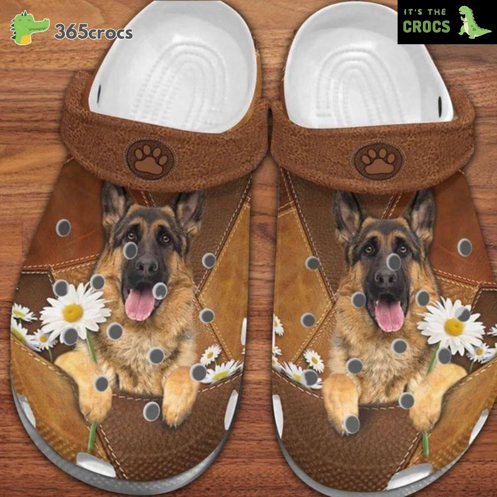 German Shepherd Puppy Daisy Flowers Leather Patchwork Gift For Dog Lovers Crocs Clog Shoes
