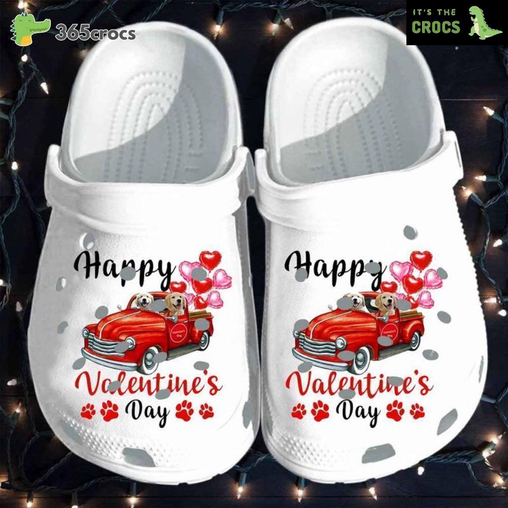 Golden Retriever Puppy Truck Drive Happy Valentine’s Day Crocs Clog Shoes