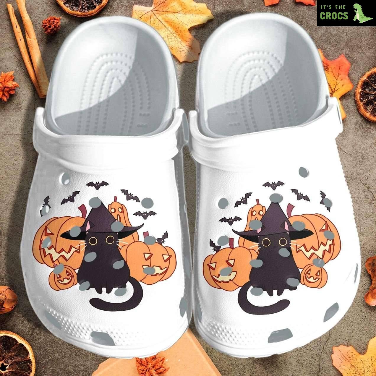 Halloween Black Cat Kawaii Wearing Witch Hat Crocband Clogs Crocs Shoes