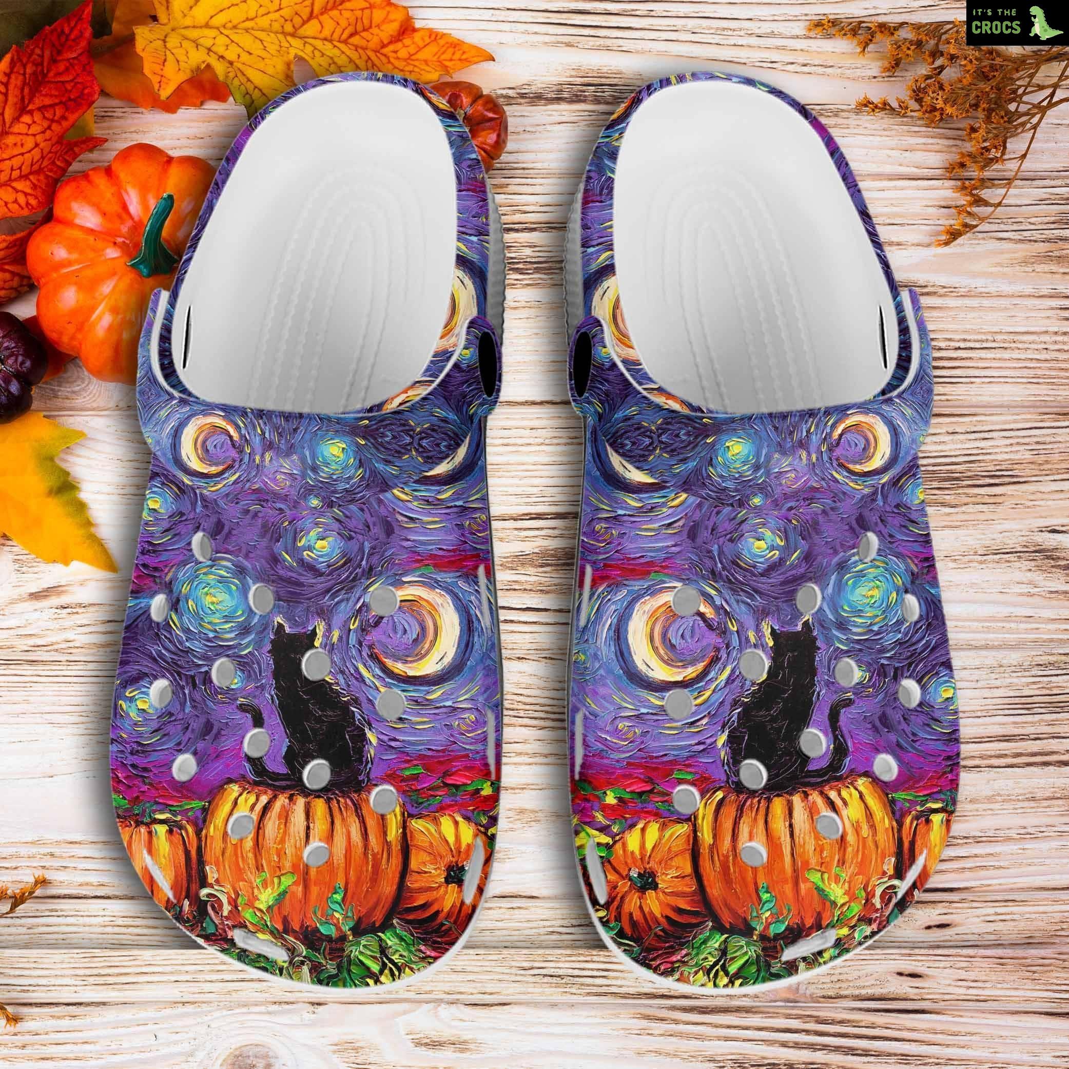 Halloween Black Cat Night Starry Crocs Clogs Family Friends Gift Shoes