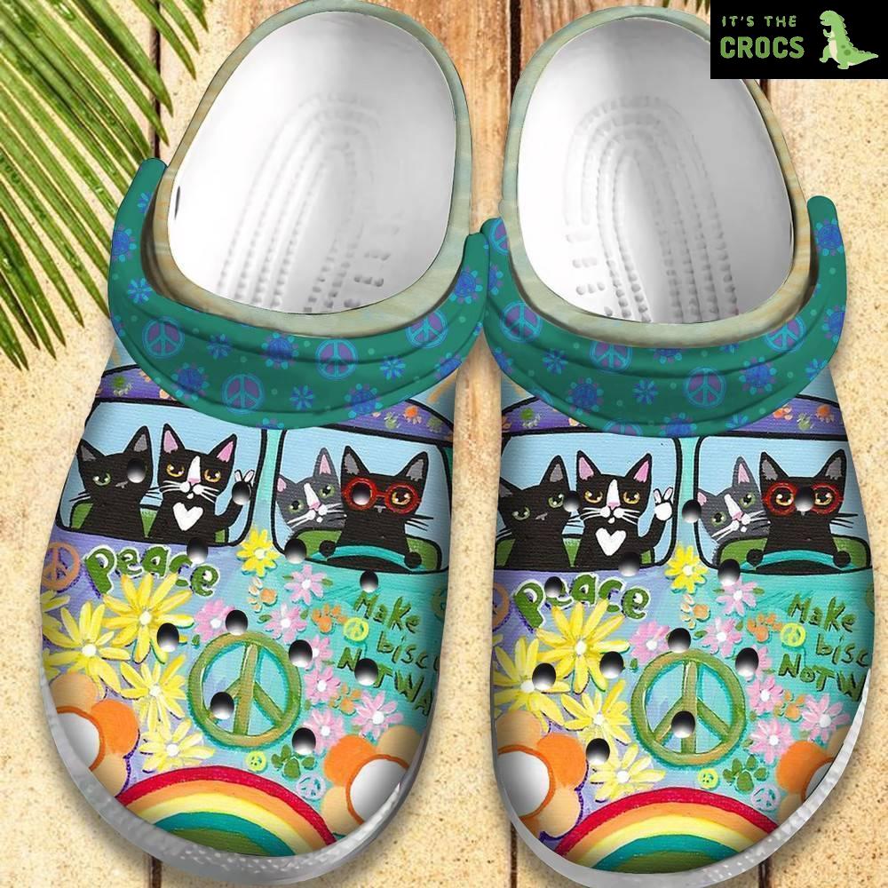 Hippie Cat Vans Bus Gift For Lover Rubber Crocs Clog Shoes