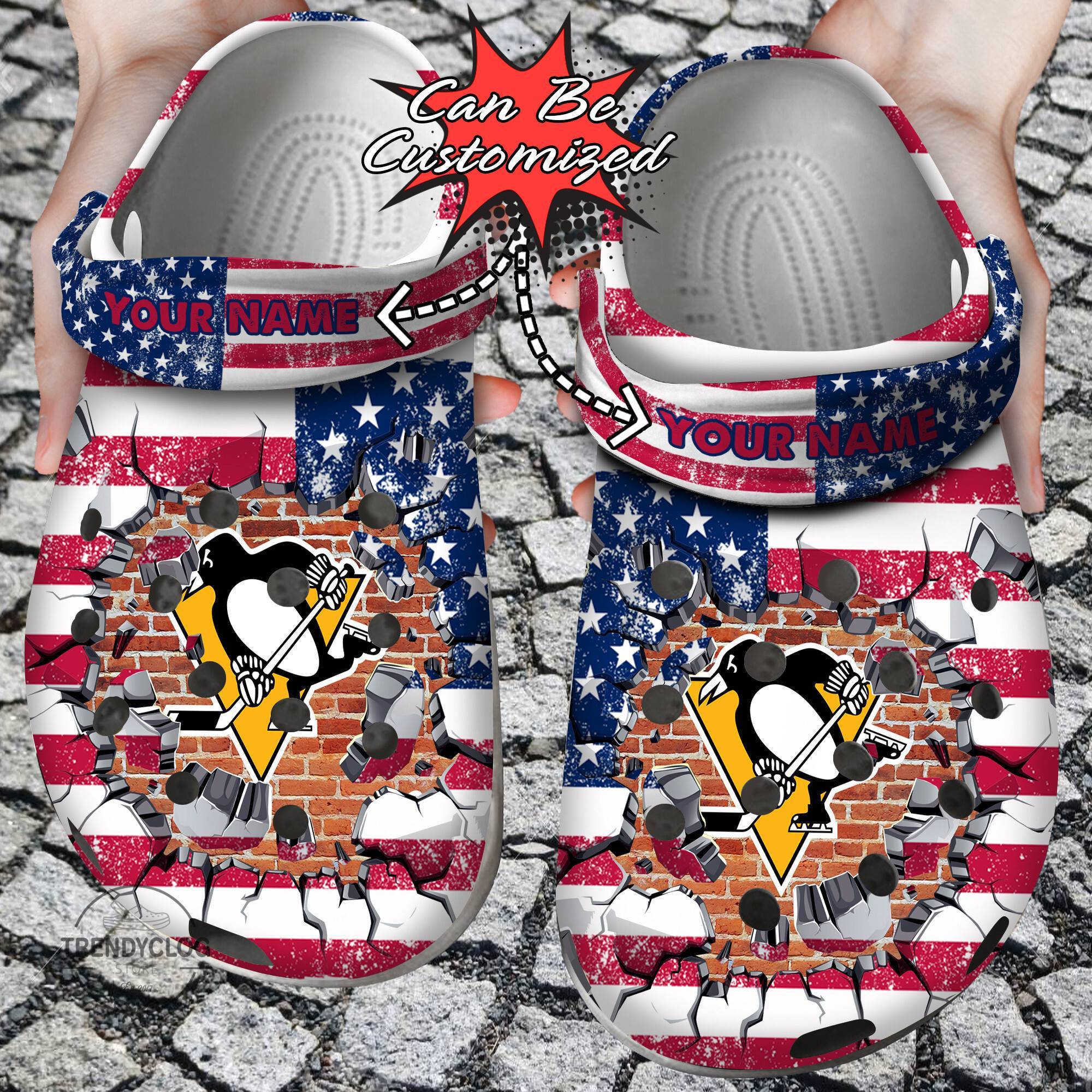 Hockey Crocs Personalized PPenguins American Flag Breaking Wall Clog Shoes