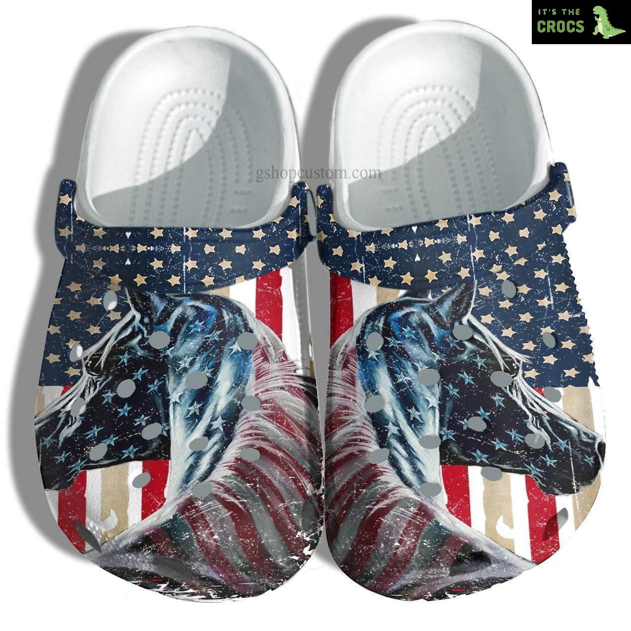 Horse America Usa Flag Crocs Shoes For Horse Girl – 4Th Of July Horse Shoes Croc Clogs Men Women