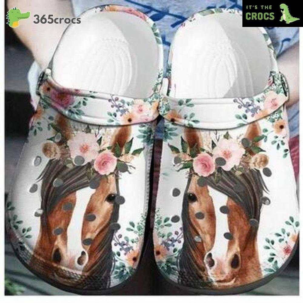 Horse Flower Classic Clogs Shoes 3D Print Horse Croc Floral Pattern Water Shoes Wild Animals Crocs Clog Shoes