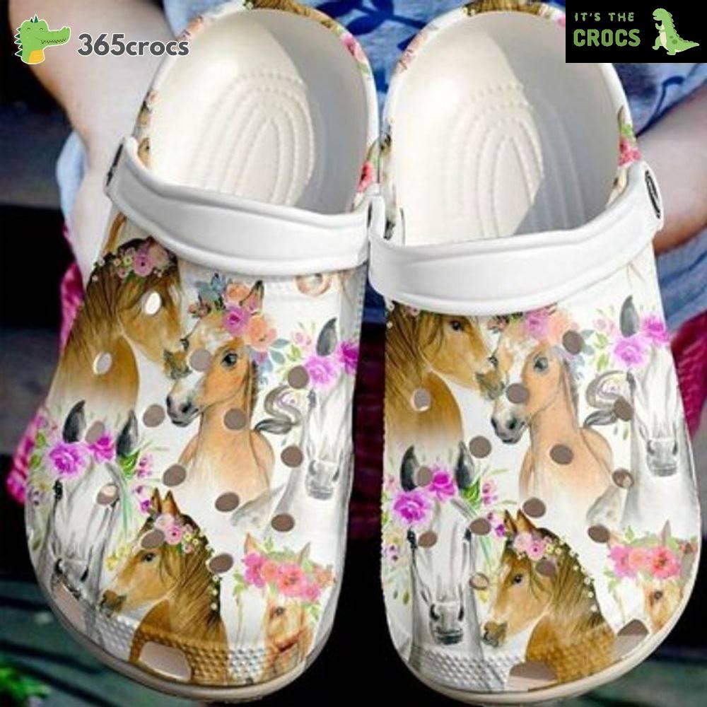 Horse Flower Horses Classic Clogs Shoes Floral Pattern Croc 3D Horse Water Shoes Horse Crocs Clog Shoes