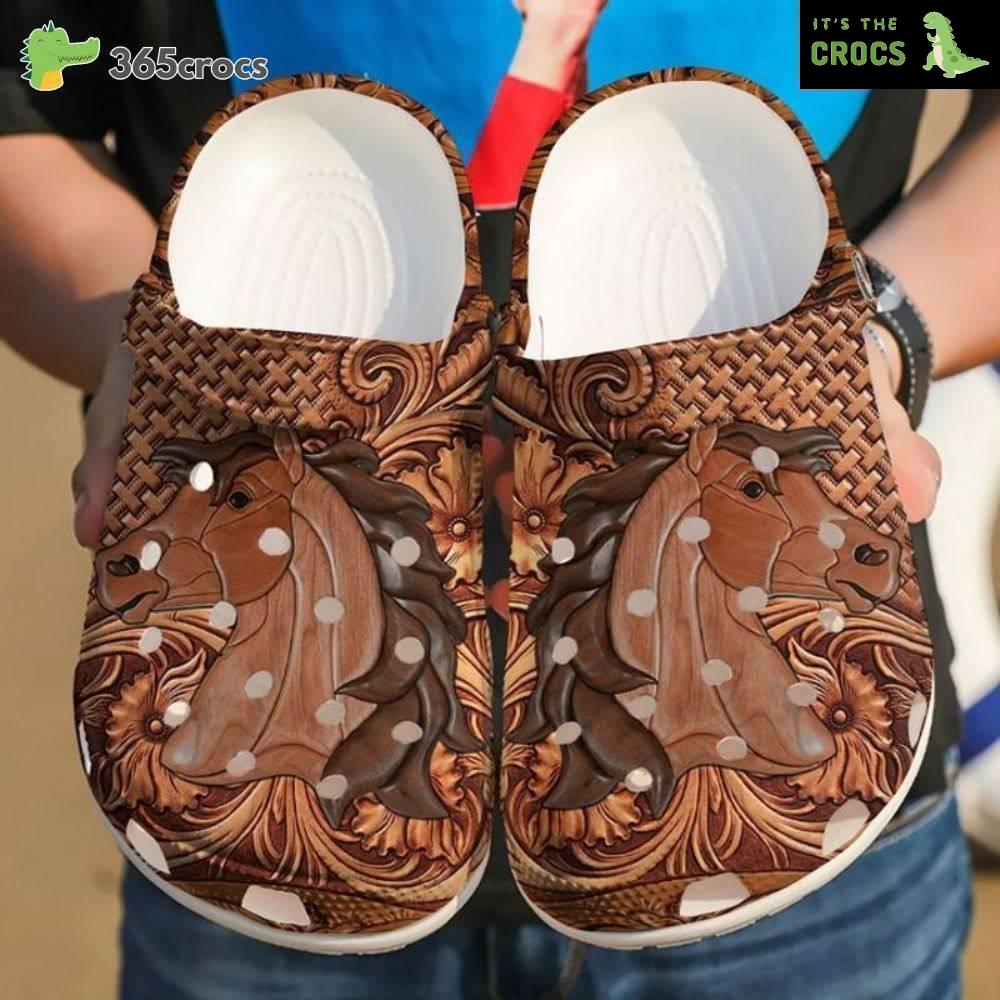 Horse Wooden Pattern Croc Crocband Clog Comfortable For Mens Womens Horse Lovers Crocs Clog Shoes