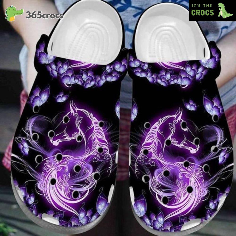 Lovely Horse And Butterfly Purple Horse Lovers Crocs Clog Shoes