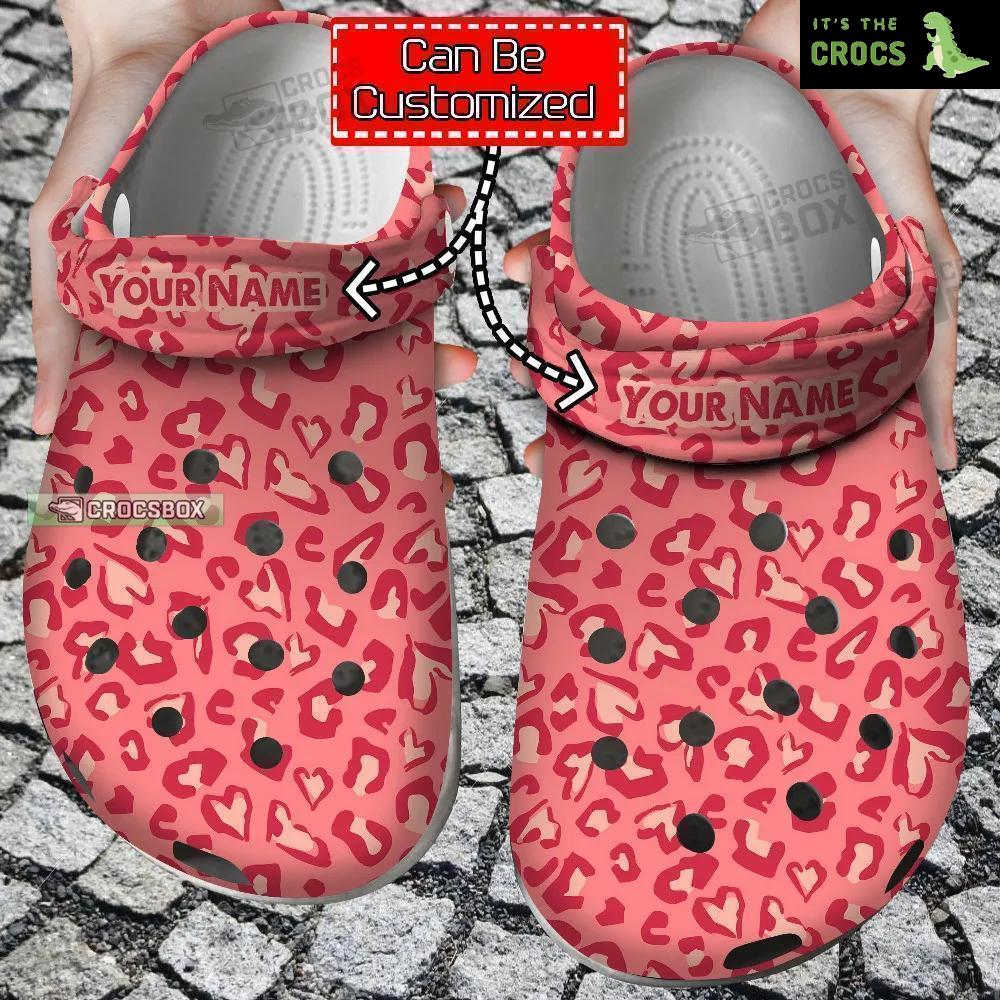 Personalized Leopard Pink Heart Print Pattern Crocs Shoes