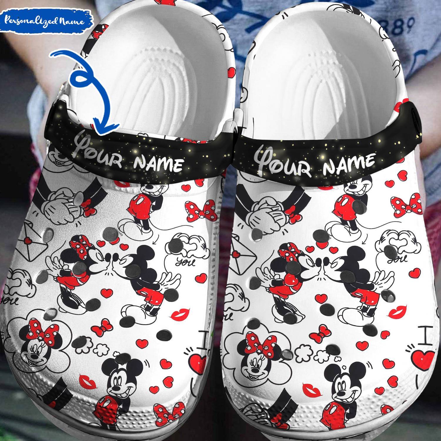 Personalized Mickey Minnie Mouse Kiss Love Crocs 3D Clog Shoes