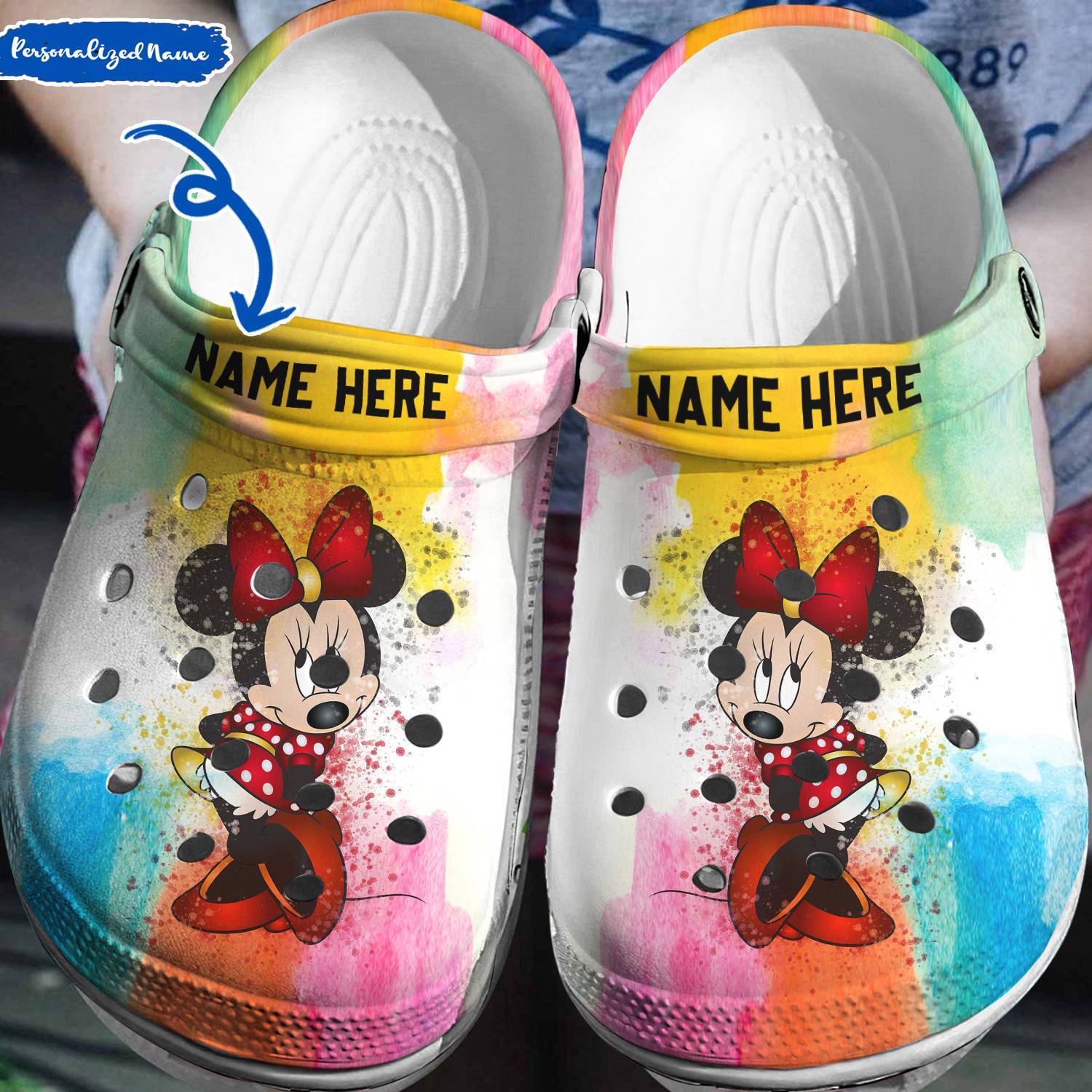 Personalized Minnie Mouse And Minnie Mouse Water Coulour Crocs 3D Clog Shoes