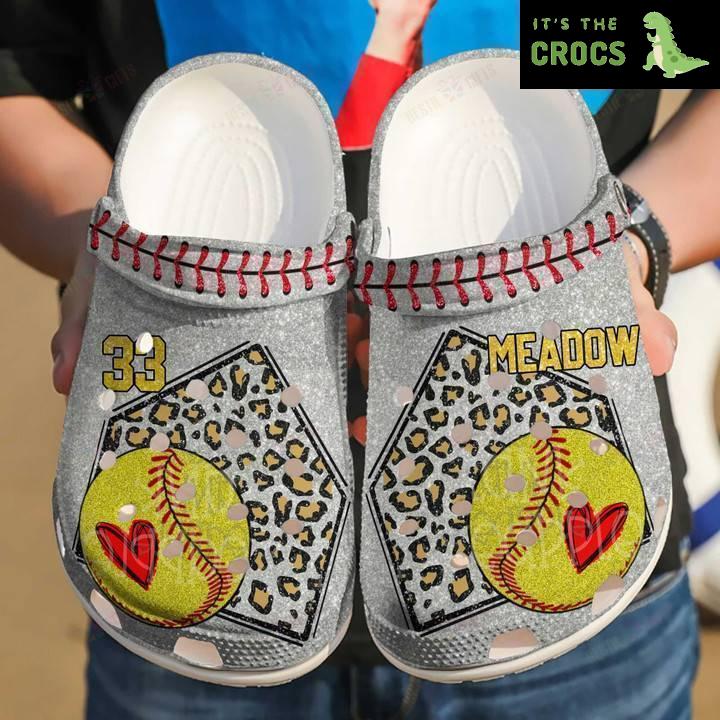 Personalized Softball And Cheetah Base Crocs Classic Clogs Shoes