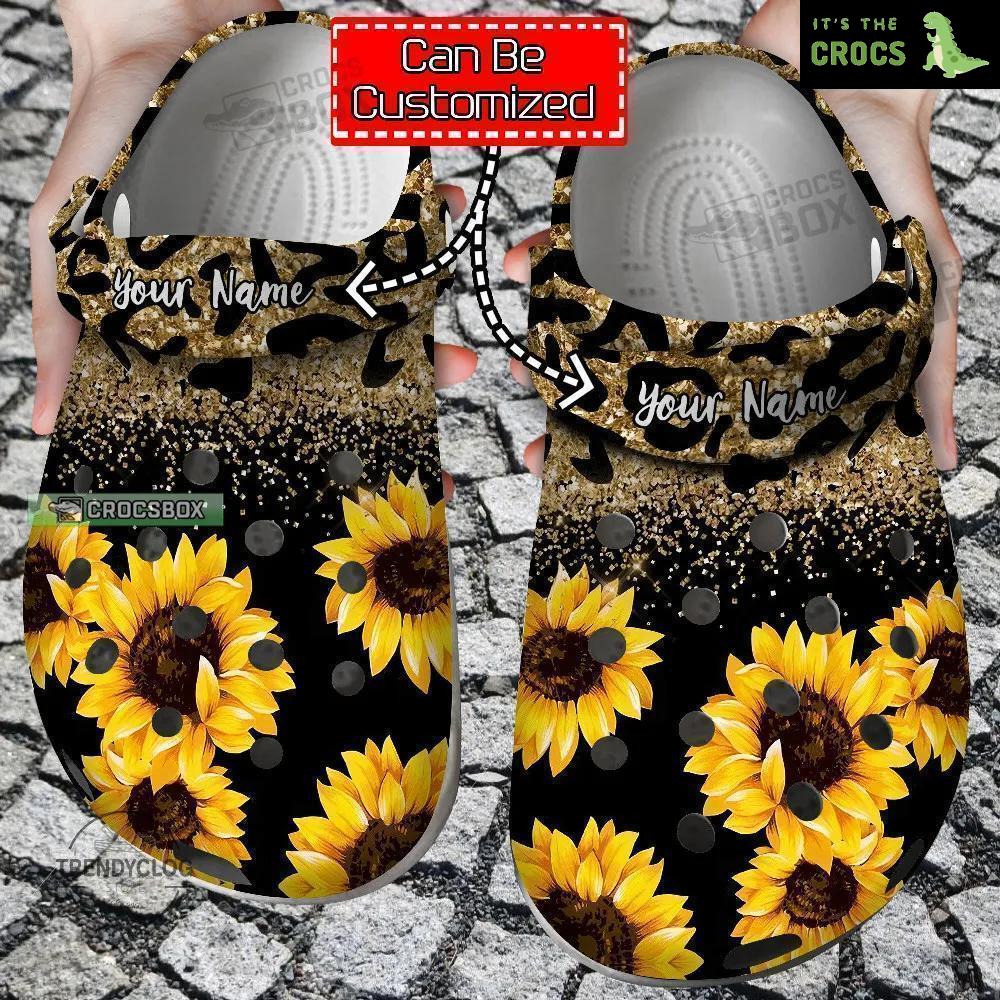 Personalized Sunflowers Glitter Leopard Crocs Shoes