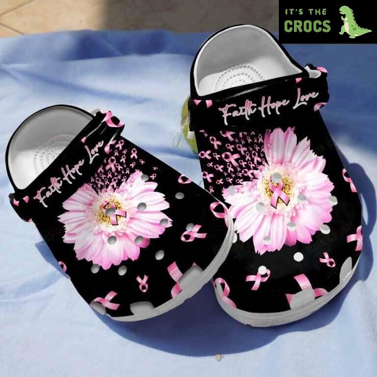 Pink Sunflower Breast Cancer Awareness Clogs Crocs Shoes Gifts For Women Girl