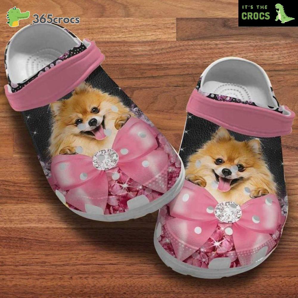 Pomeranian Puppy Pink Bow Diamond Pattern Birthday Summer For Pomeranian Mom Crocs Clog Shoes
