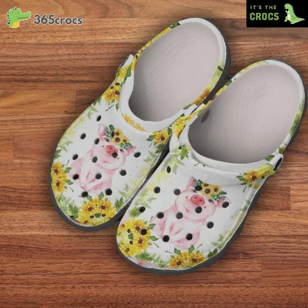 Portrait Of Cute Pig With Sunflower Wreath Pattern Best Gift For Pig Lovers Crocs Clog Shoes