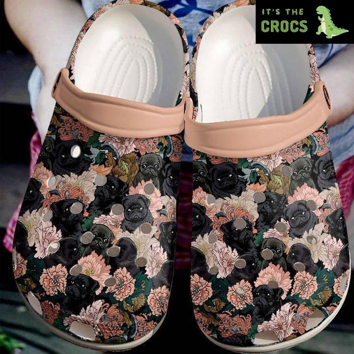 Pug Black Flowers Crocs Classic Clogs Shoes