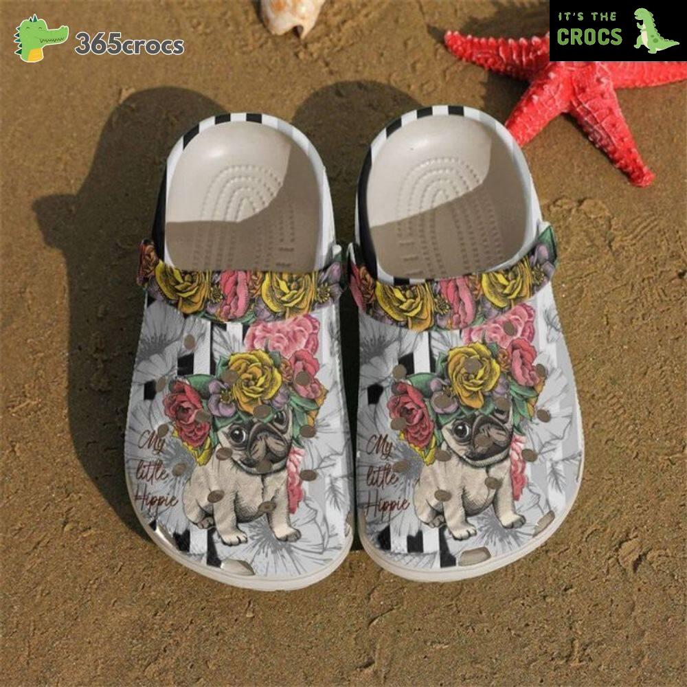 Pug Floral Pattern Clocsy Shoes Pug Dog Roses Water Shoes Pet Lovers Crocs Clog Shoes
