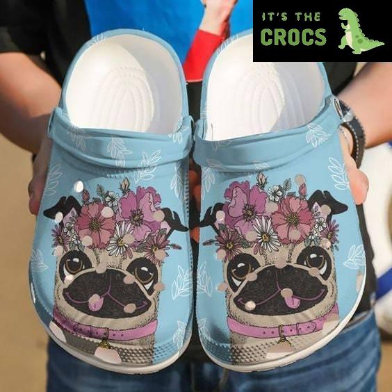 Pug Love Flower Crocs Clog Shoes, Crocs Gifts For Adults Kids Crocs, Gift Birthday