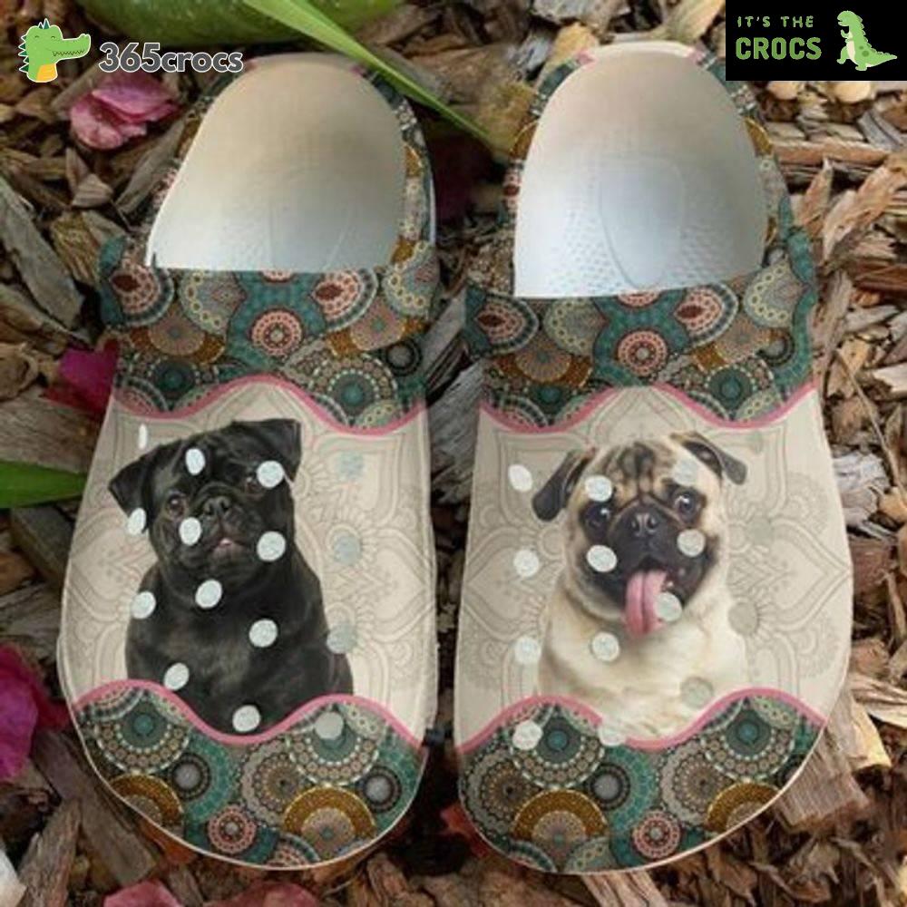 Pug Puppies Bohemian Mandala Pattern Happy International Dog Day Pug Lovers Crocs Clog Shoes