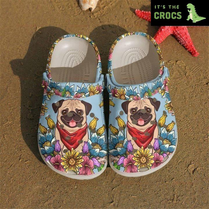 Pug With Flower Gift For Lover Rubber Crocs Clog Shoes