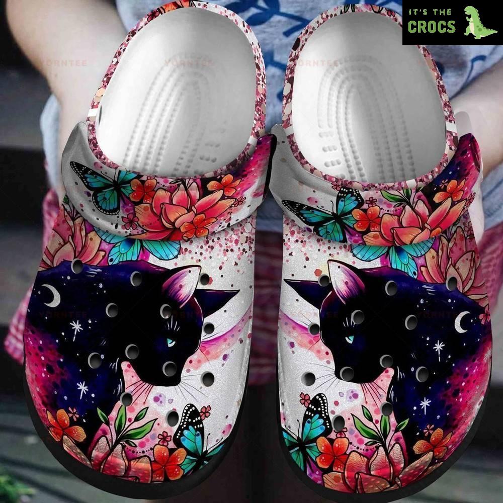 Romantic Black Cat Tropical Flower Gift For Lover Rubber Crocs Clog Shoes