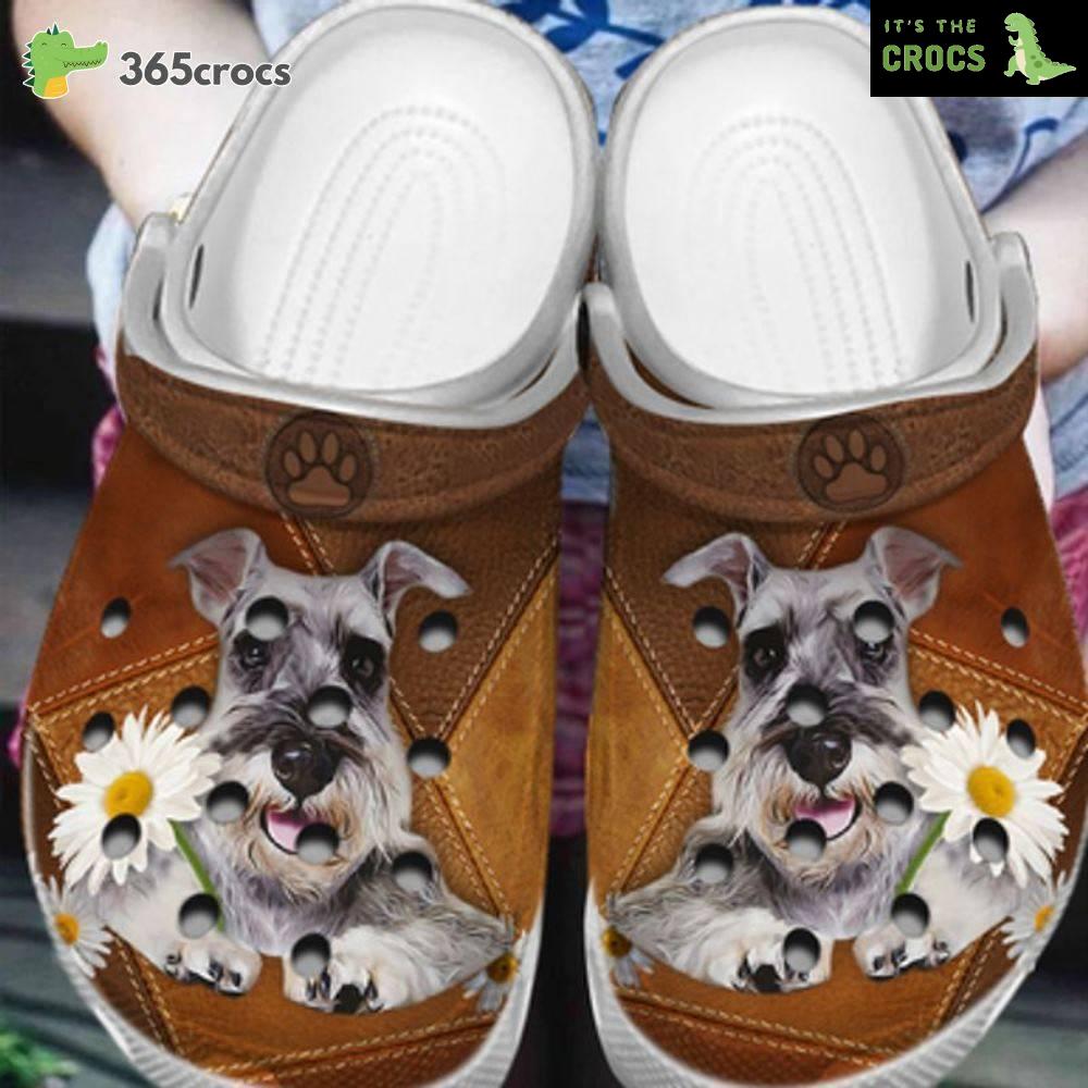 Schnauzer Puppy Daisy Leather Patchwork Pattern Merry Christmas Dog Lovers Crocs Clog Shoes