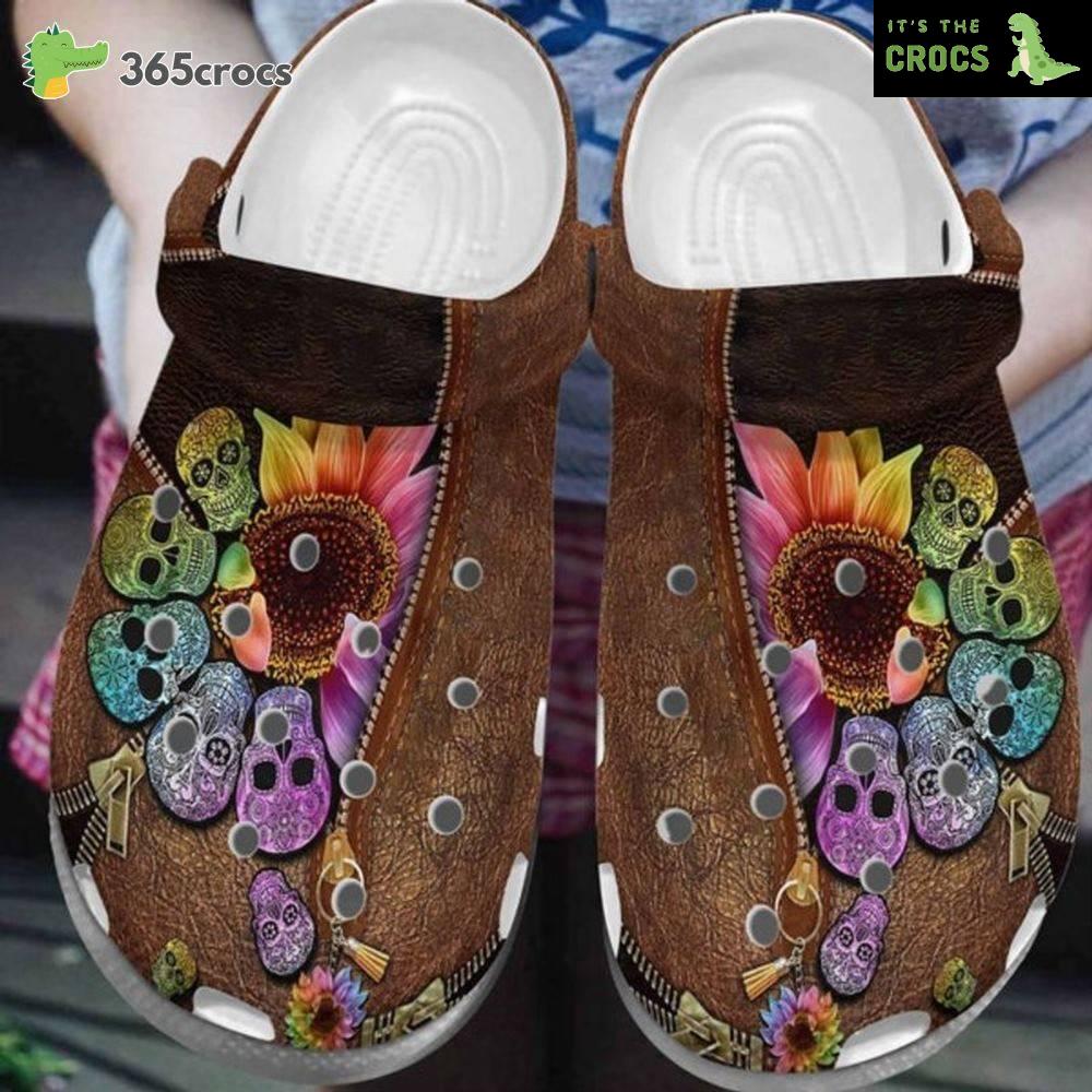 Sugar Skulls Colorful Sunflower Leather Zipper Croc Day Of The Dead Halloween Crocs Clog Shoes