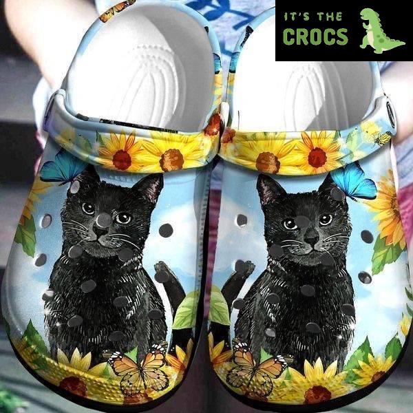 Sunflower And Black Cat Shoes – Cute Animal Crocs Crocbland Clog Birthday Gift For Man Woman