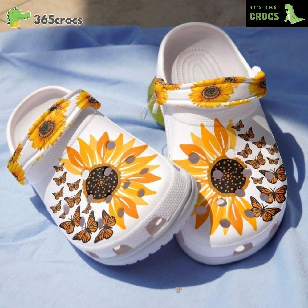 Sunflower Butterfly White Hippie Flower Be Kind Positive Crocs Clog Shoes