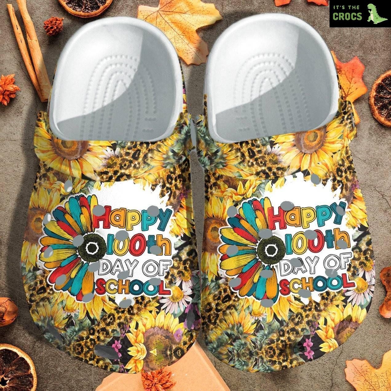 Sunflower Happy 100 Days Of School Leopard Shoes Crocs Crocbland Clog Gift