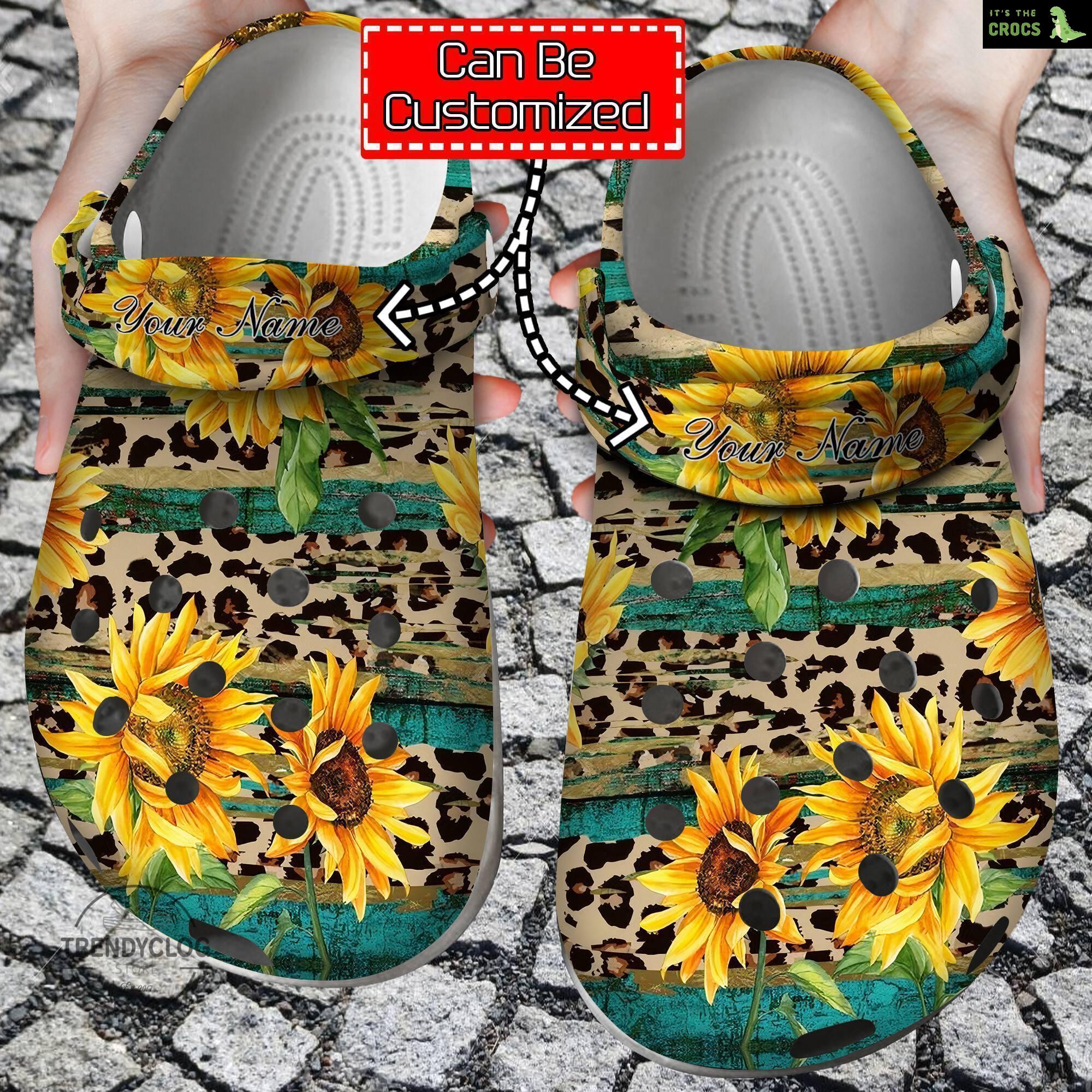 Sunflower Print Crocs Rustic Sunflower Tea Wood Leopard Clog Shoes