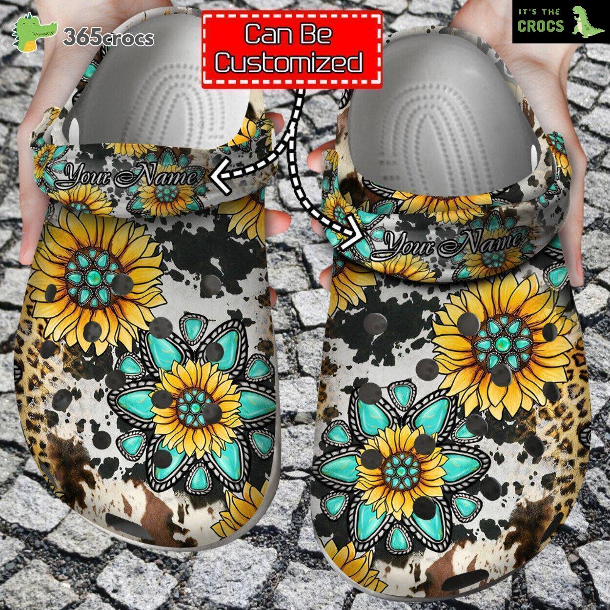 Sunflower Print Personalized Cowhide Gemstone Sunflower Clog Shoes