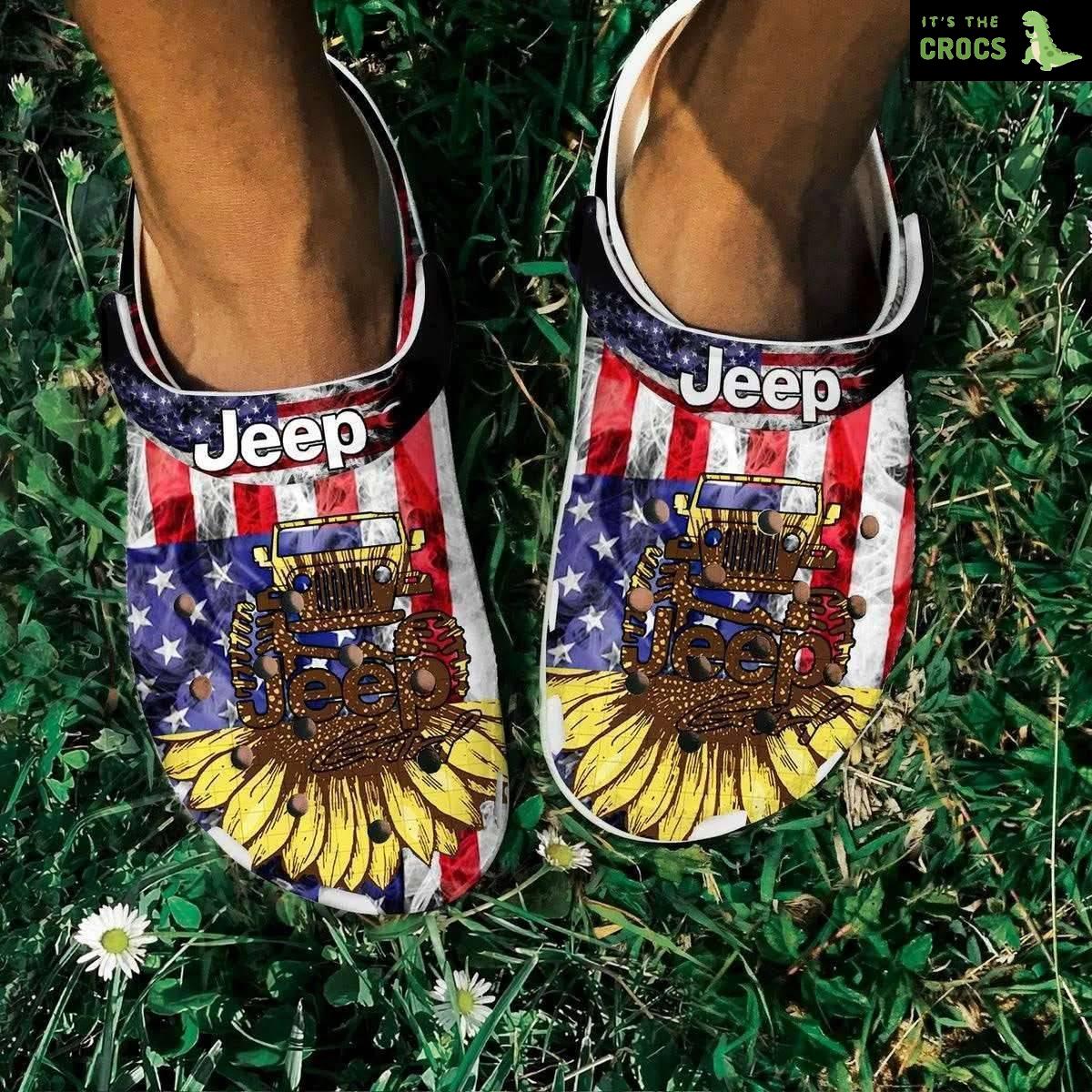 Sunflower Us Flag Jeep Girl Crocs Crocband Clog Shoes For Jeep Lover