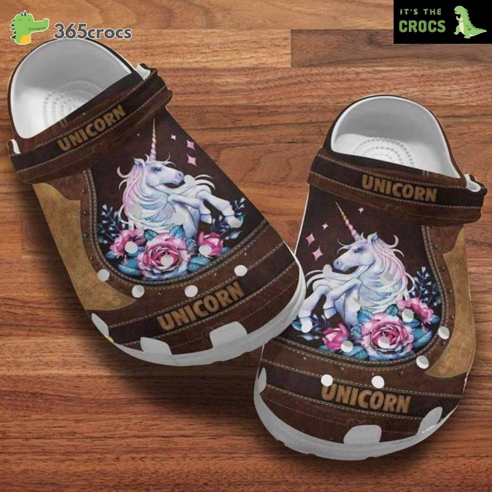 Unicorn Roses Flower Leather Pattern National Unicorn Day Gift Crocs Clog Shoes