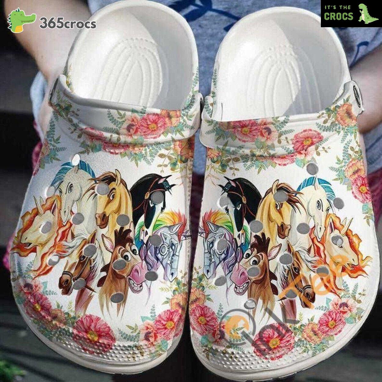 Vibrant Colorful Horse Design Comfort Footwear Rubber Clog Shoes Style