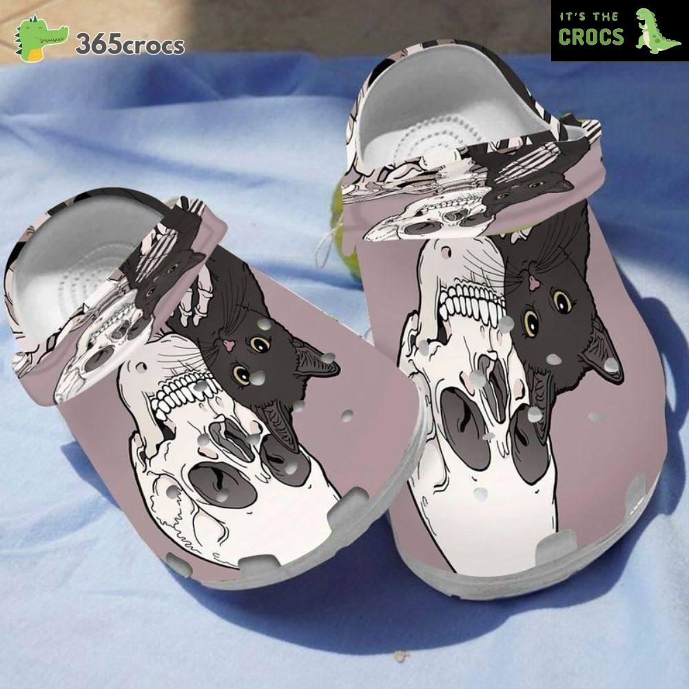 Watercolor Funny Gothic Skull Black Cat Skull Lovers Crocs Clog Shoes