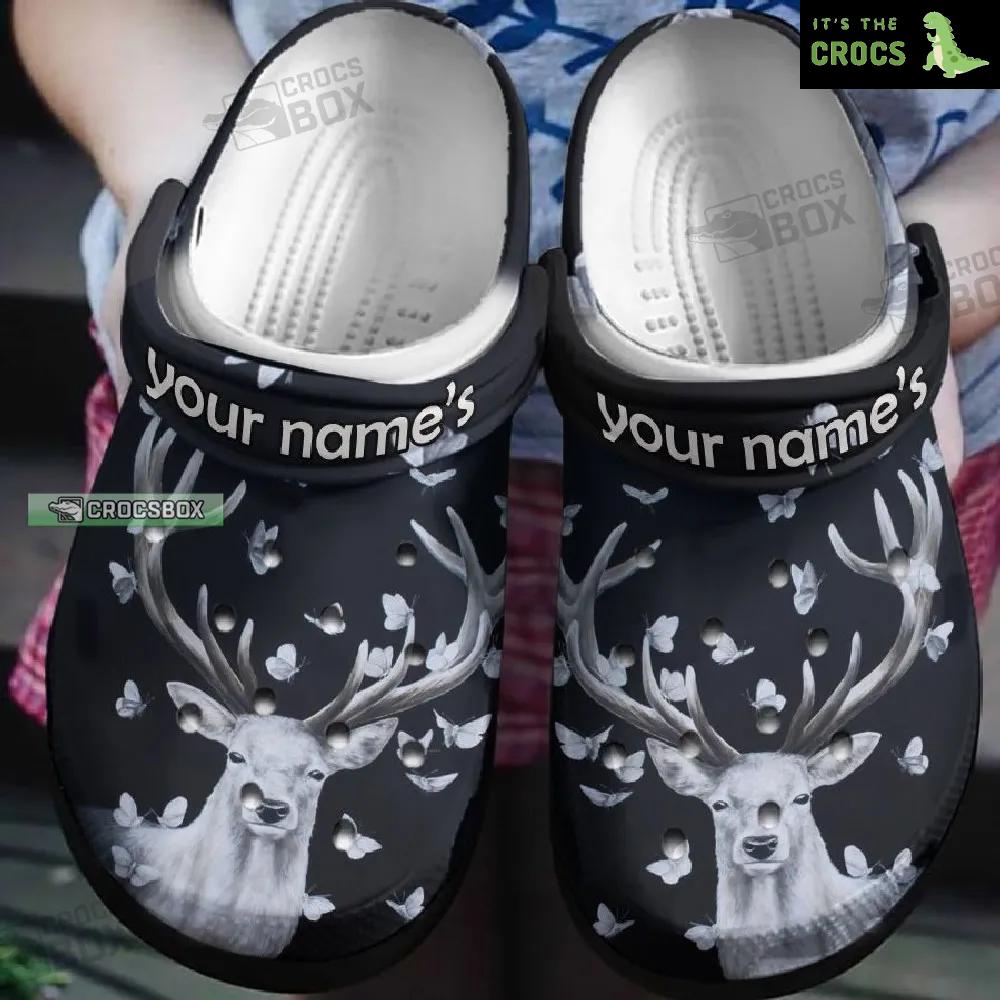 White Deer And Butterfly Black Crocs Shoes