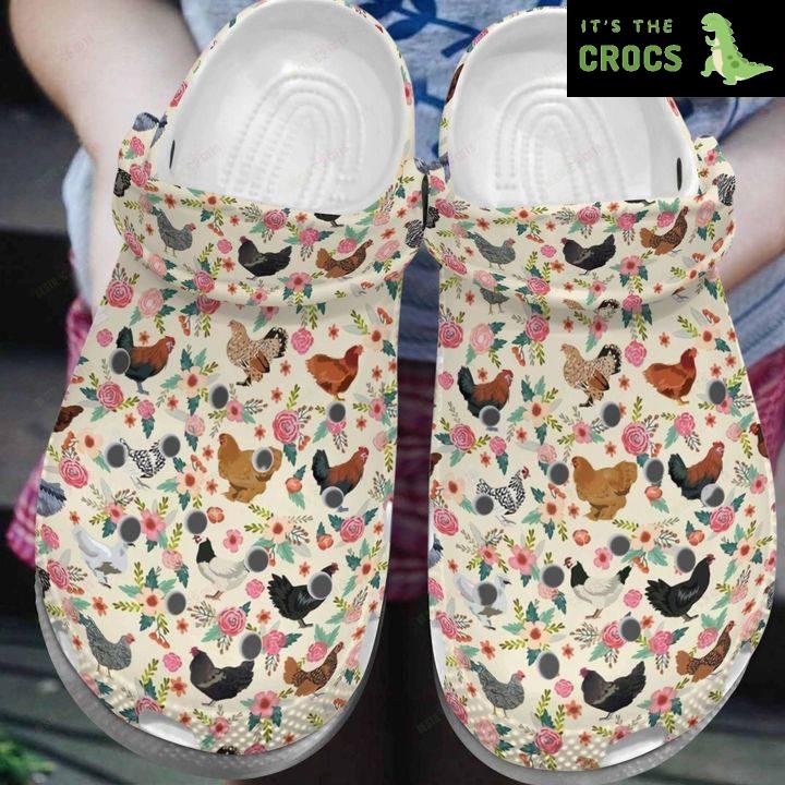 White Sole Chicken In Flower Garden Crocs Classic Clogs Shoes