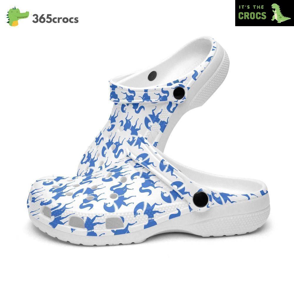 With A Retro Groovy Vibe, Featuring Blue Horses Motifs. Crocs Clog Shoes