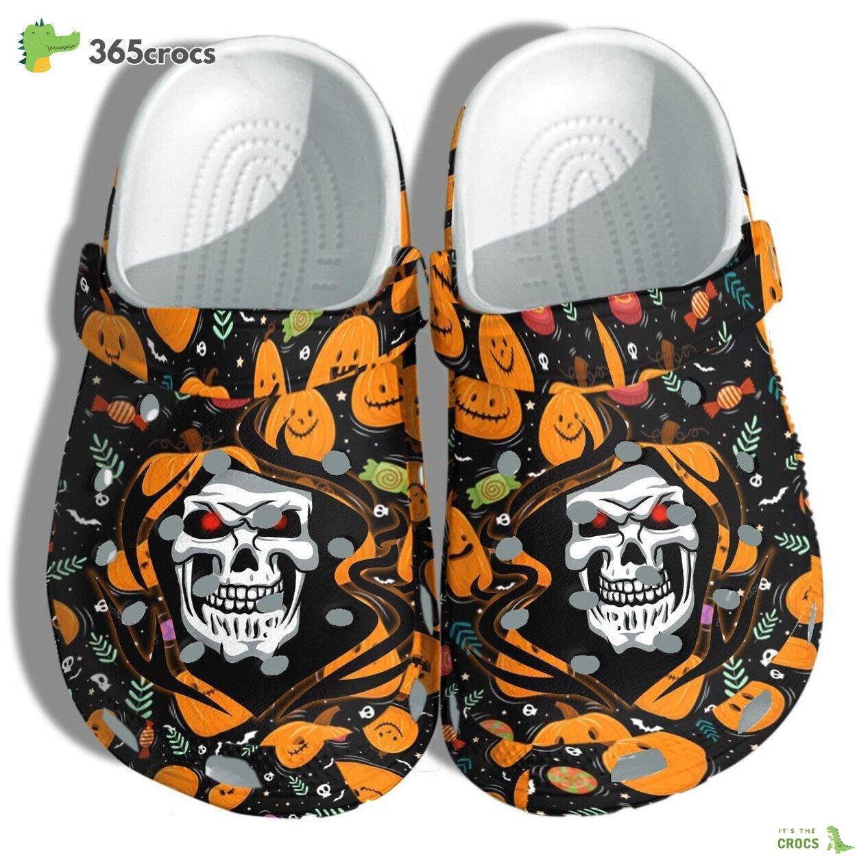 A Death Tattoo With Pumpkin Clog Halloween Custom Shoes Birthday Gifts