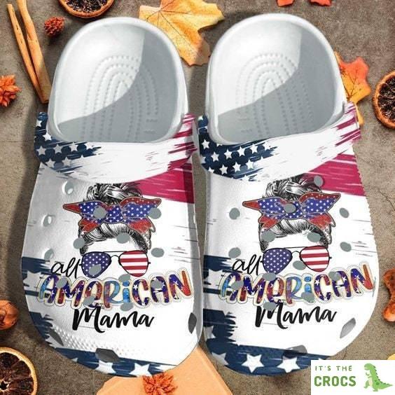 All American Mama Messy Custom Crocs Clogs Bun Hair Style American Flag Outdoor Crocs Shoes Clogs Birthday Gift For Mother Daughter Friend