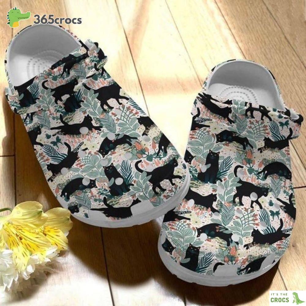 Amazing Cat Croc Black Cat Flowers Pattern Printed Kitty Mom Crocs Clog Shoes