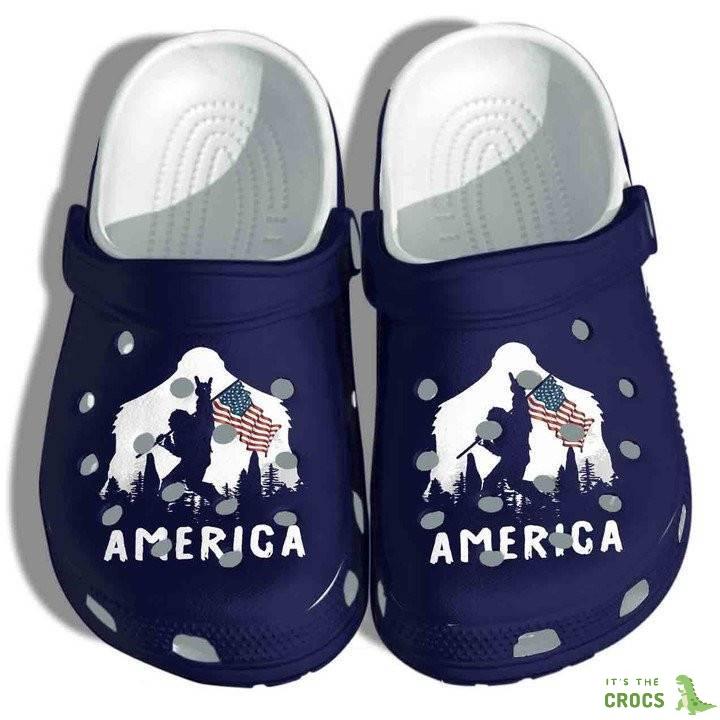 Bigfoot Holding Flag Crocs Classic Clogs Shoes th of July America Flag Crocs Classic Clogs Shoes
