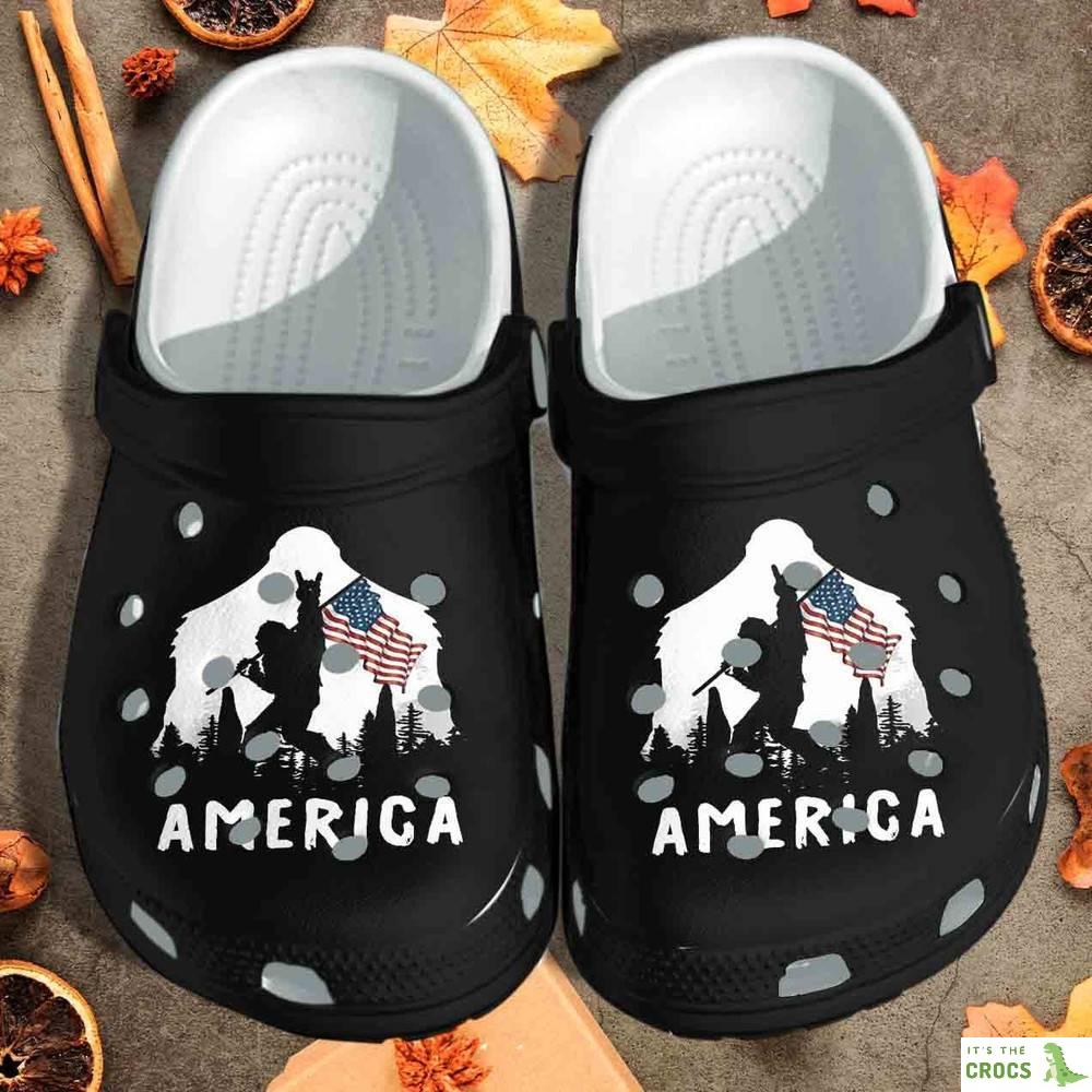 Bigfoot Holding Flag Shoes 4Th Of July America Black Gift For Lover Rubber Crocs Clog Shoes