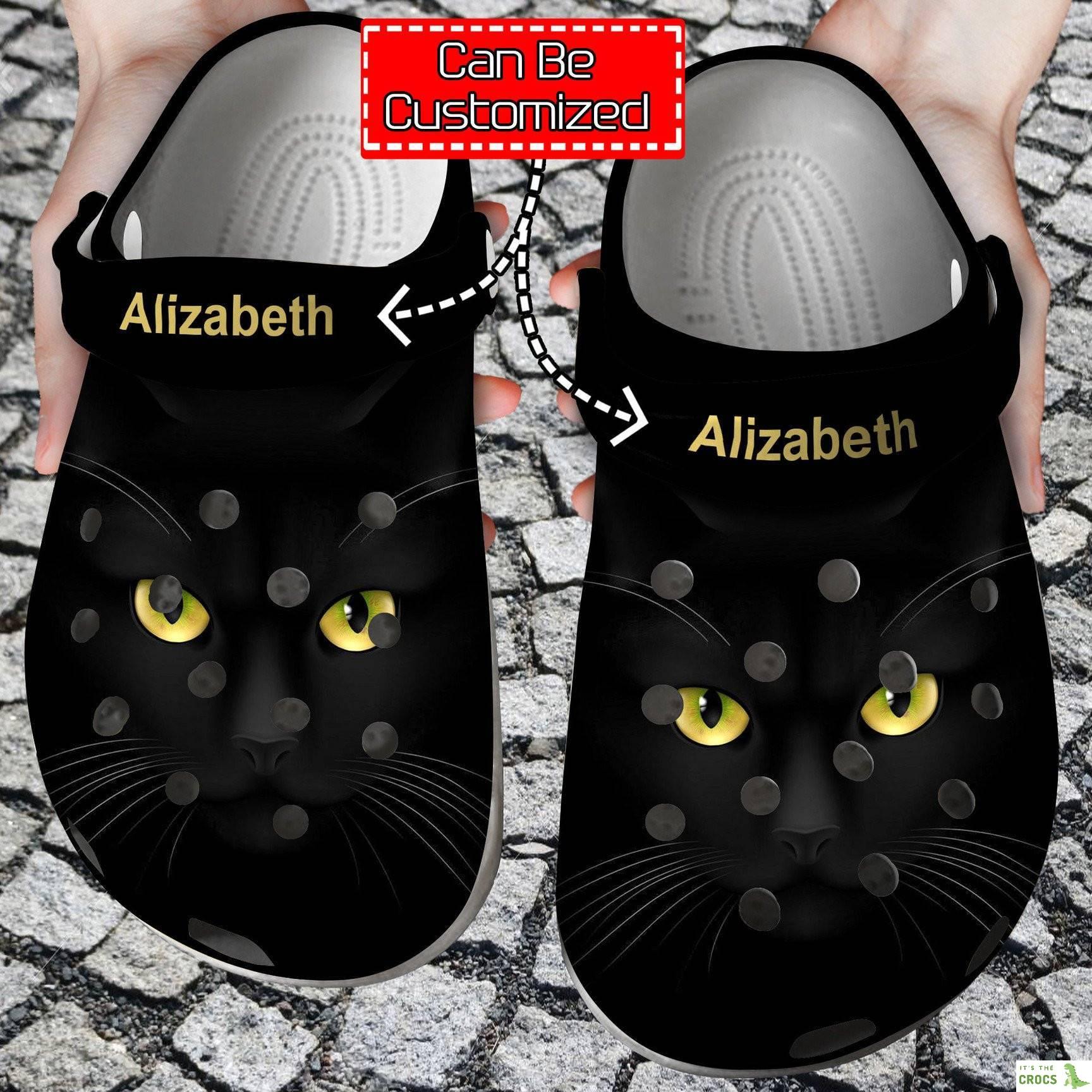 Black Cat Face Print Personalized Clogs Crocs Shoes With Your Name Cat