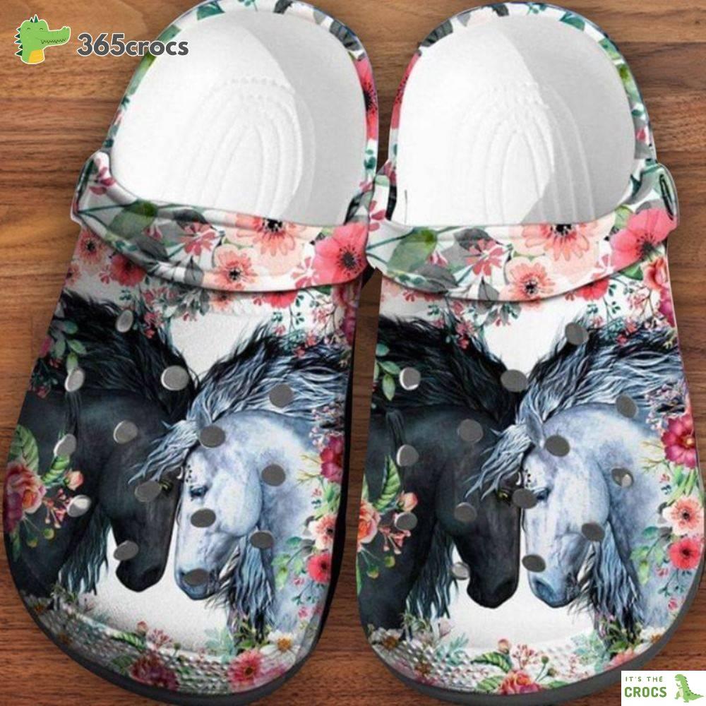 Black White Horse Flowerss Valentine’s Day 14Th February Gift For Horse Lovers Crocs Clog Shoes