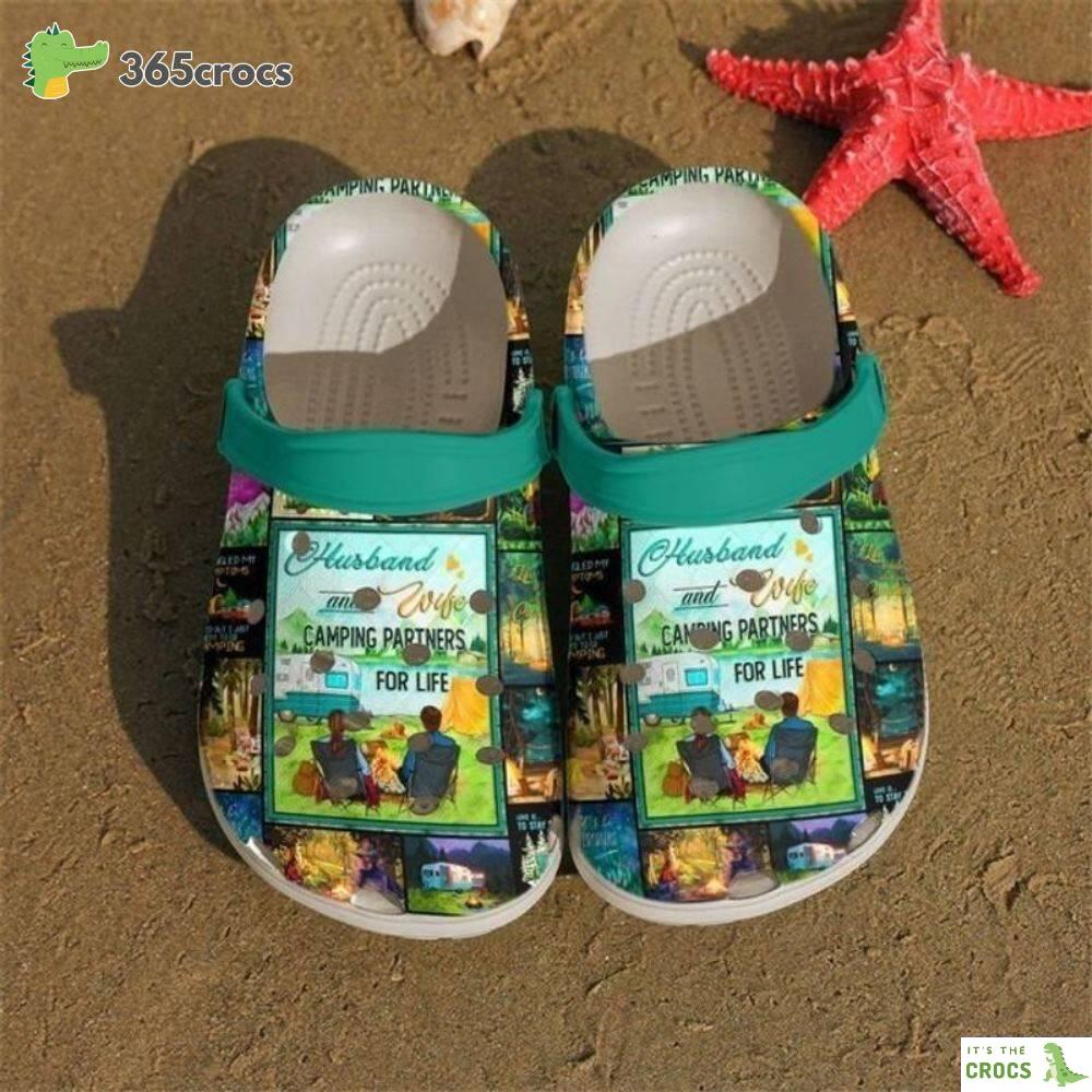 Couple Camping Happy Valentine’s Days Husband And Wife Camping Partners For Life Crocs Clog Shoes
