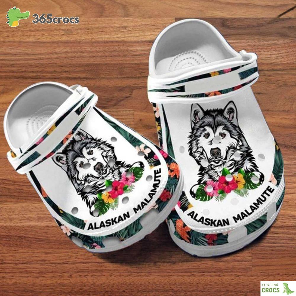 Custom Name Alaskan Malamute Slippers Dog Mom Hibiscus Flowers Crocs Clog Shoes