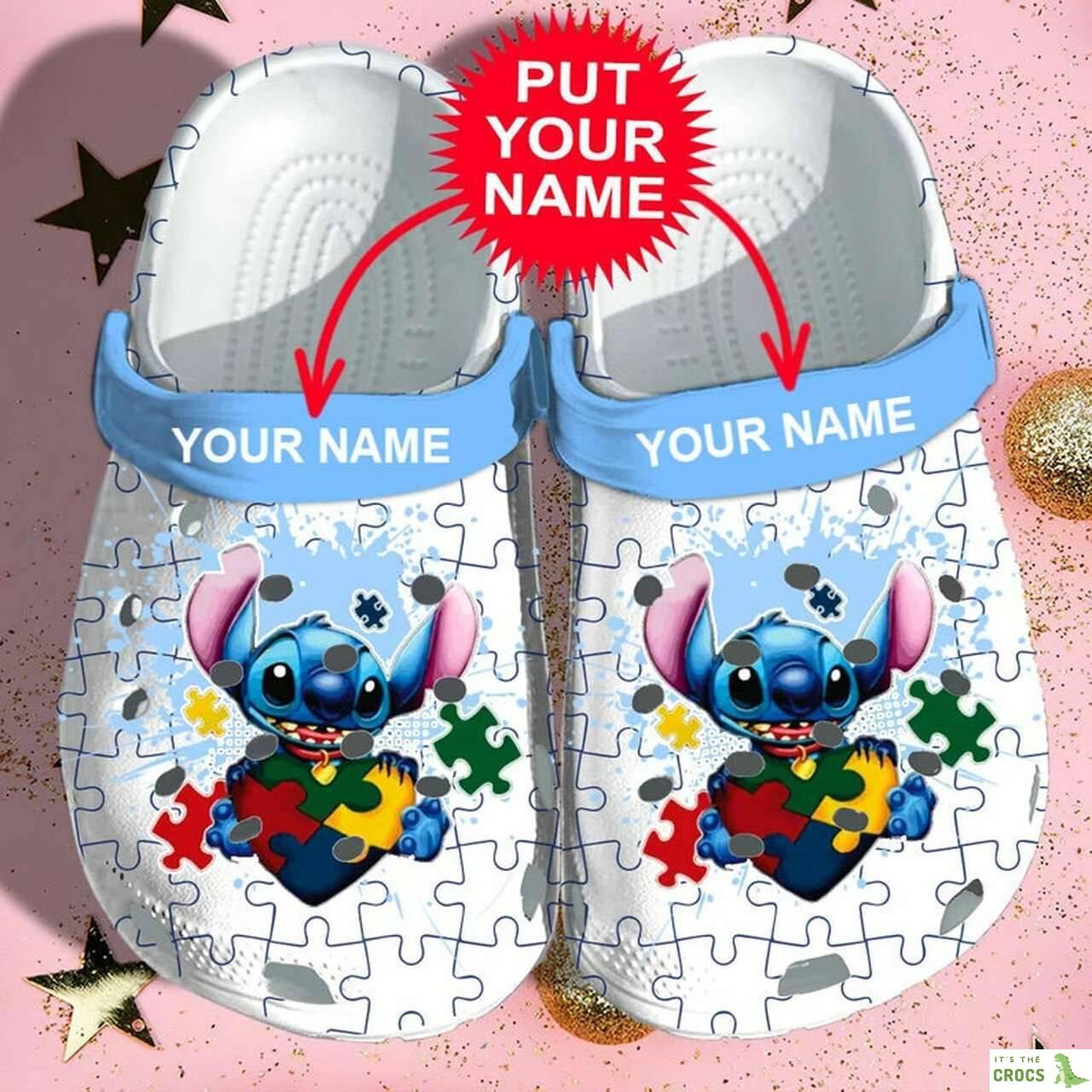 Custom Name Autism Awareness Day Stitch Puzzle Pieces Crocs Crocband Clog Shoes