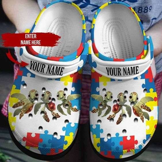 Custom Name Autism Awareness Day Turtles Autism Puzzle Pieces Crocband Clog Crocs Shoes